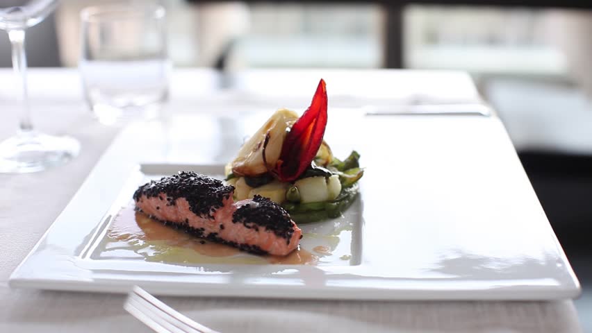 Sesame crusted salmon with vegetables, salmon with sesame. 360 rotation food
