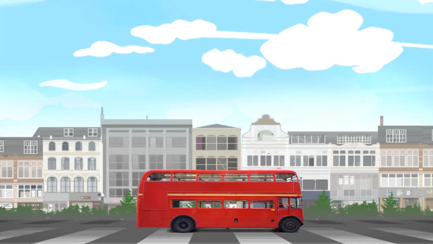 driving through city streets cartoon style graphics, moving road, plants buildings and shops, with clouds, sky,  and birds.london buss