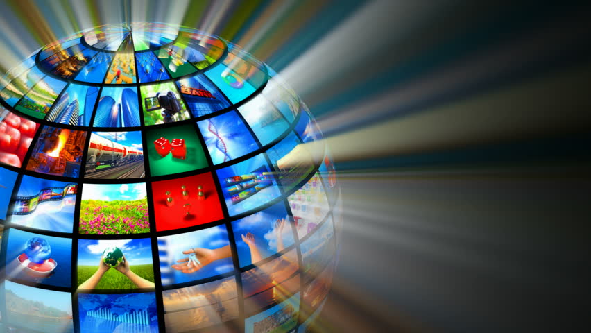 Creative media technologies concept: glowing sphere with images on black background