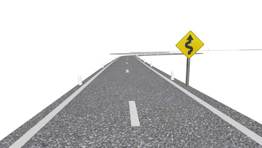 Winding Road (HD Animation). Computer rendering of a winding road with signs and posts. Includes Alpha Channel. 