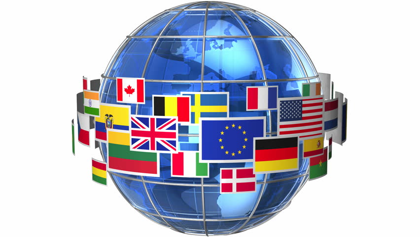 Rotating Earth globe with world flags isolated on white background