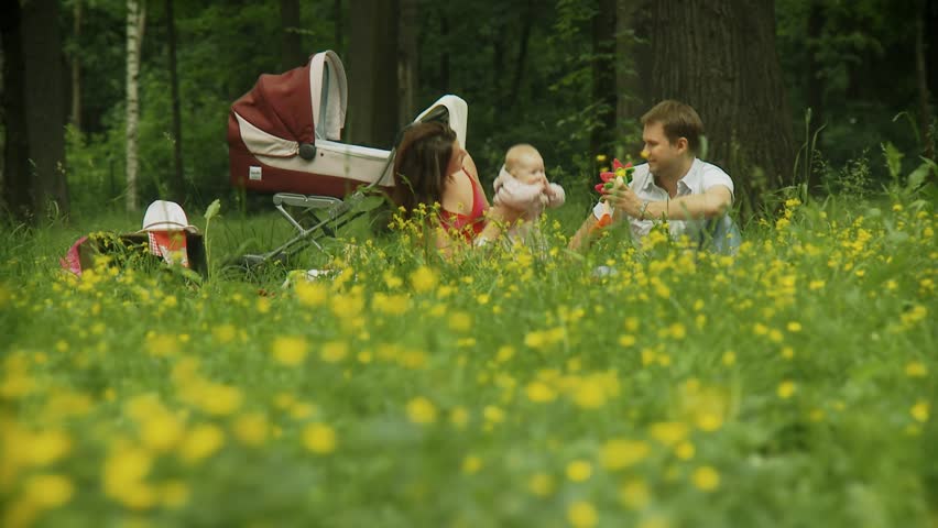 Young family of three having a picnic in park
