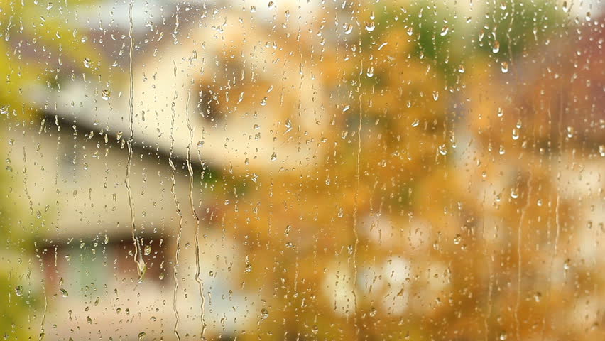 Rainy day in fall. The rain drops on household windows. Focus on rain drops running down the window. 