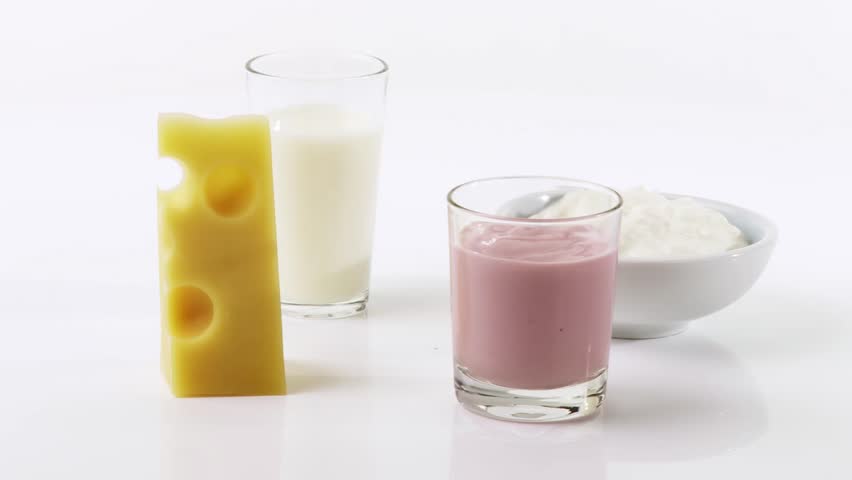 Berry yoghurt, Emmental cheese, milk and cottage cheese