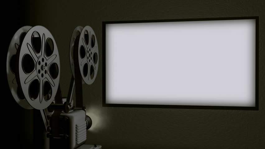 Movie Projector Screen Loop HD. Movie projector screen in 16*9 format being projected by a realistic 3D rendered projector with moving film reels and flicker. Included is audio of film advancing reel.