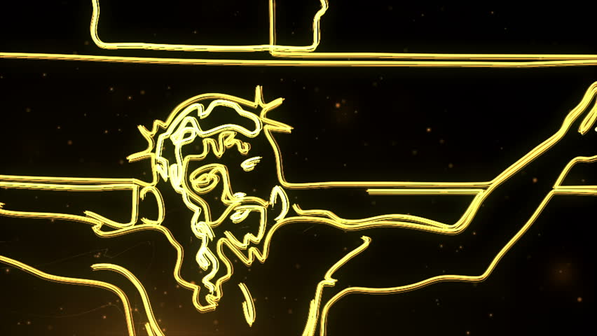 yellow glowing Jesus Christ on cross being drawn on screen by light streak.
Illuminates the whole screen. 