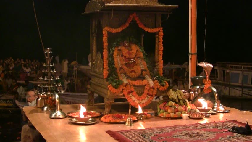 VARANASI, INDIA - NOVEMBER 17: Altar decorated for the religious Ganga Aarti ritual (fire puja) at Dashashwamedh Ghat on November 17, 2011 in Varanasi, Uttar Pradesh, India
