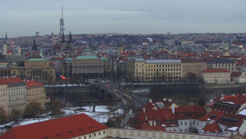 WIDE SHOT, PAN, Skyline at dusk City of Prague, Czech Republic