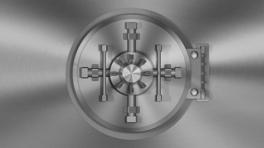 Bank Vault Transition (HD Video). 720p rendition of a 3D transition of a bank vault door opening with the camera following inside. Green screen is provided in the opening.