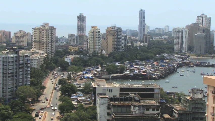 Pan over skyline business district in  mumbai, India