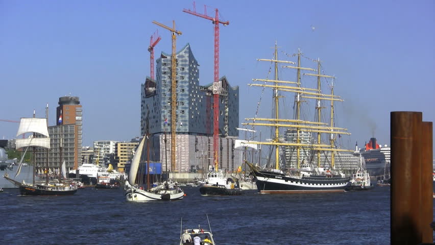 HAMBURG - MAY 8: "Krusenstern" leaves Hamburg during the anniversary of the Port on May 8, 2011 in Hamburg Germany. Hafengeburtstag with more than 1.5 million visitors and 300 guest ships.