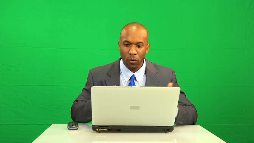 African American businessman disappointment green screen laptop computer