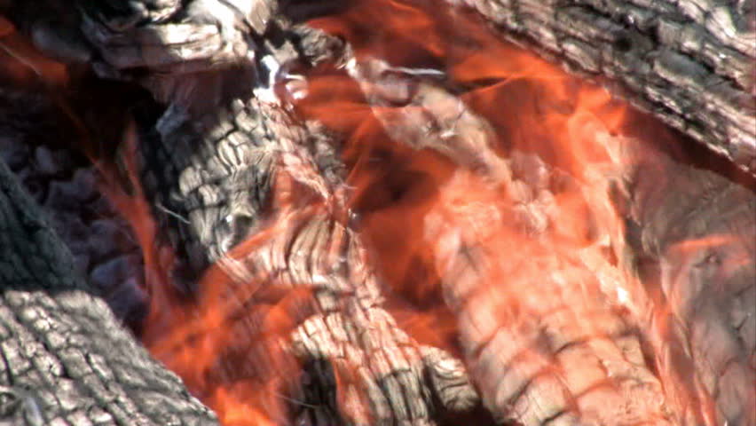 Hot fire flames from logs and hot coals. Bon fire or BBQ pit for cooking and warmth. Flames and smoke dancing around red hot coals and ashes. 
