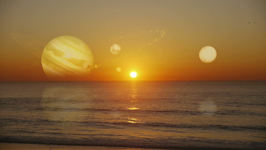 Alien Planet Sunset (HD). A sunset simulation in an alien planet with elements reflecting in water. All elements in composition produced new including planet, moons and asteroids.
