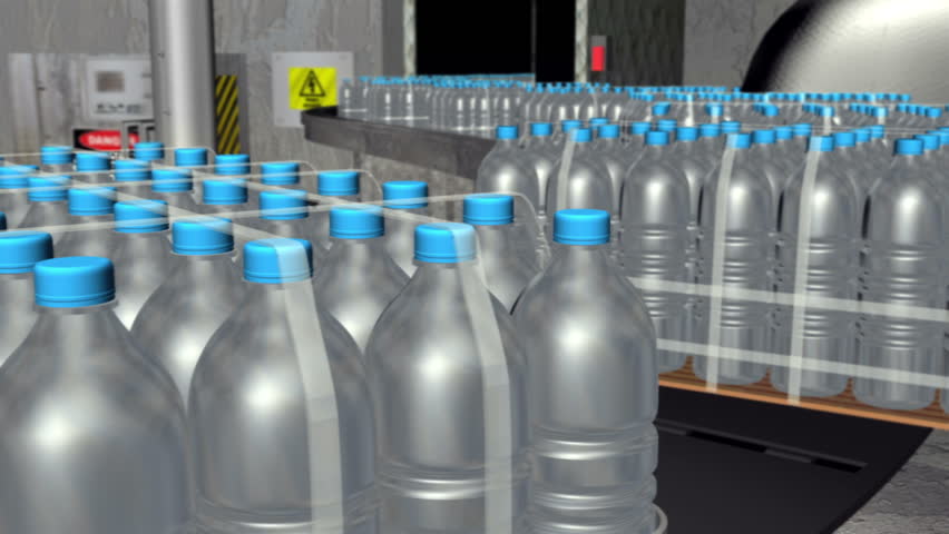 Water Bottle Factory 3D Pull Out (HD). Drinking Water Bottle factory line with shipments in crates passing by a conveyor belt line. 