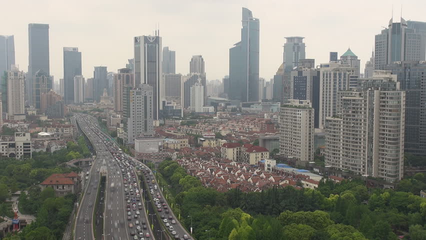Timelapse of heavy traffic in Shanghai business district, China