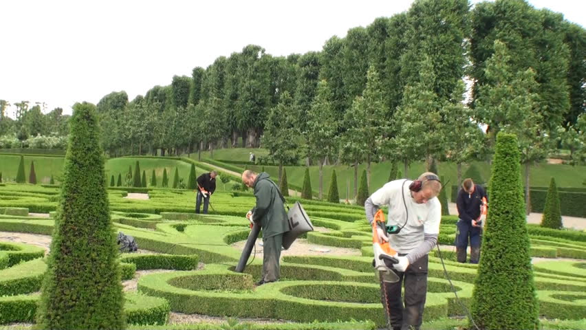 COPENHAGEN, DENMARK - JUNE 20:  Maintenance by several gardeners of a boxwood garden at Frederiksborg Palace, Denmark on June 20, 2012