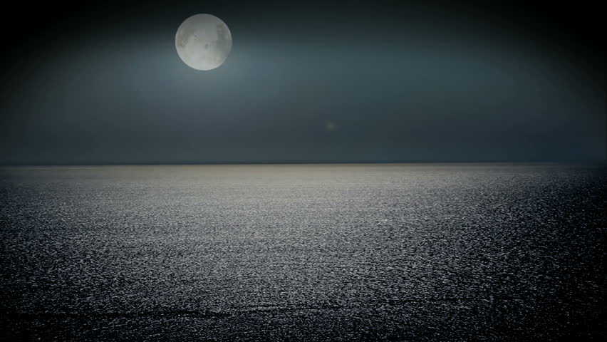 Horizon in the Moonlight - Wide angle shot of the sea from a high viewpoint in the dark, moon fixed in post