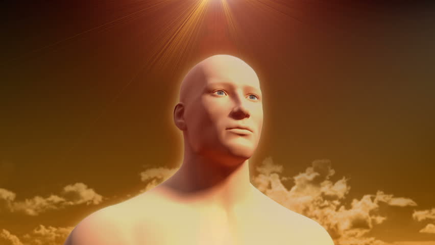 Human man head neck in thought transparent body showing internal organs transition to skin with god rays sun light gold sky cloud spirit intelligence think awareness perception 3D CG model animation