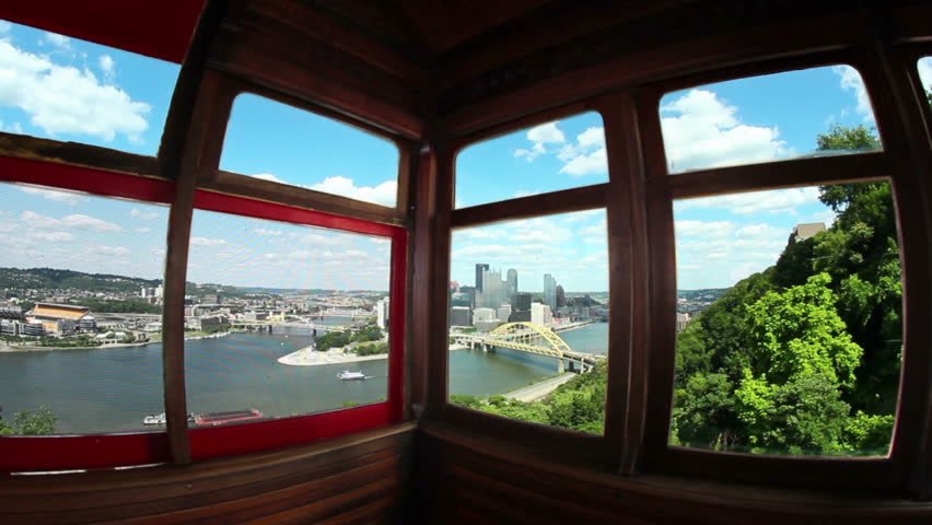 Fish eye view of looking out the windows of the Duquesne Incline in Pittsburgh, PA.