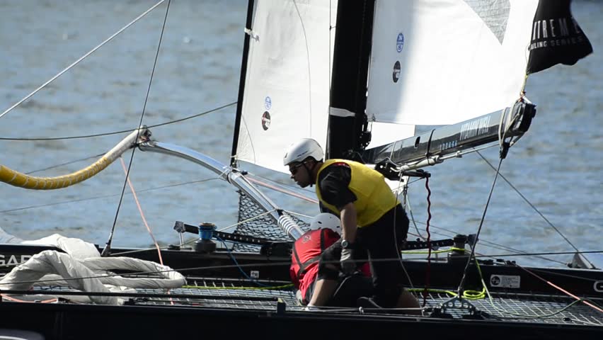 PORTO, PORTUGAL - JULY 7: SAP Extreme Sailing Team compete in the Extreme Sailing Series boat race on July 7, 2012 in Porto, Portugal.