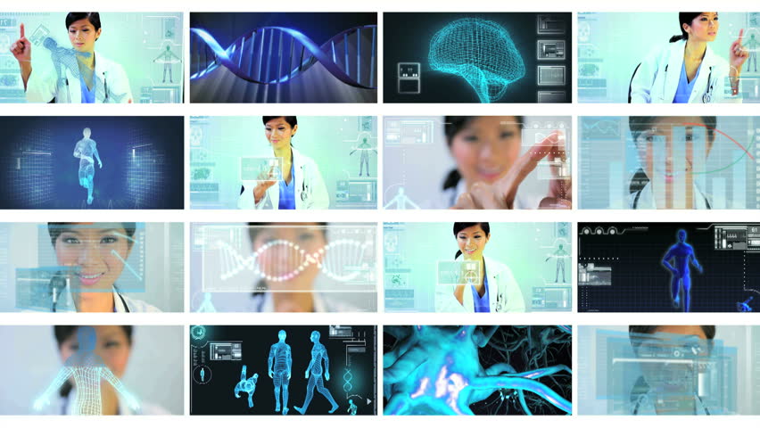 Montage female doctor using touch screen chromakey technology in virtual science laboratory