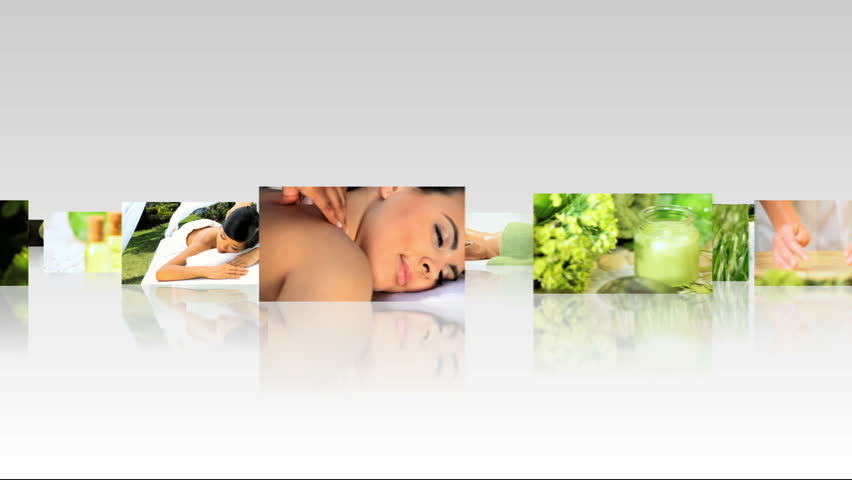 Multiple modern 3D screens showing montage images of various spa treatments