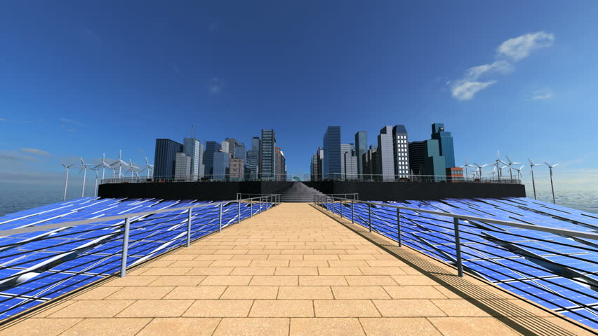 3D futuristic view of renewable sustainable energy sourcing cities in the future