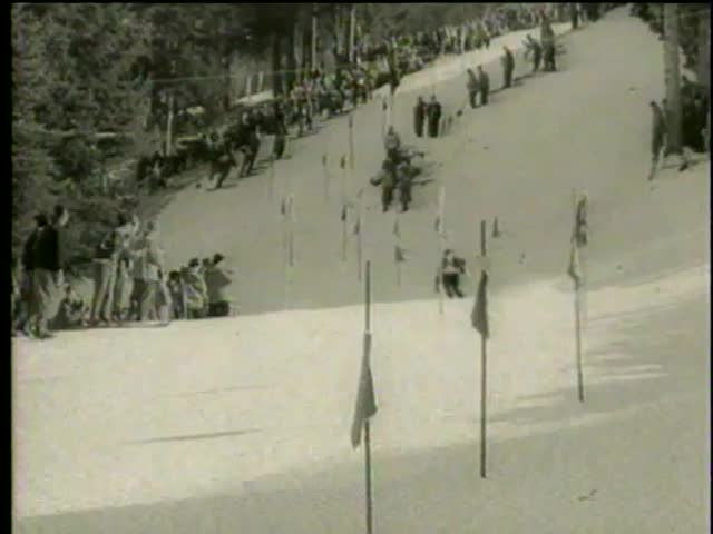 Toni Sailer from Austria performs in the world ski championship in Bad Gastein, Austria circa 1958 - MGM PICTURES, UNIVERSAL-INTERNATIONAL NEWSREEL, USA, filmed in 1958