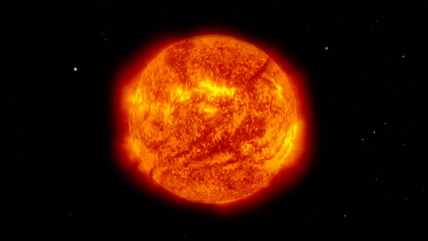 Satellite footage of the sun cleaned up and added to a starry background. Shows sun flares and sun spot activity.