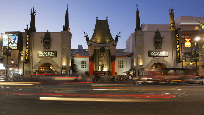 LOS ANGELES - CIRCA MAY 2011: a center shot at dusk of Hollywood Boulevard, Hollywood Walk of Fame and Grauman's Chinese Theatre