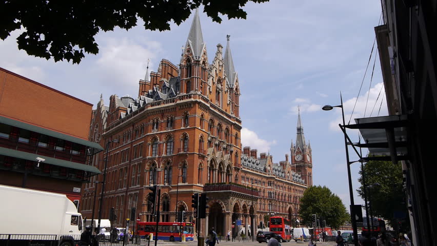 Facade of the St. Pancras Renaissance London Hotel on the Euston Road, London which is above St Pancras rail station.