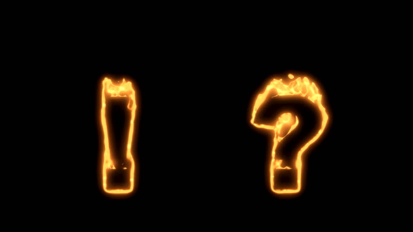 Flaming Alphabet. Exclamation mark or point, and a question mark or interrogation point burst into flames. Part of a series an alphabet, numbers and other characters.
