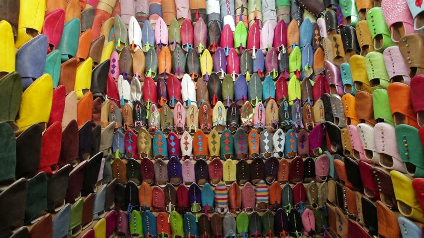 closeup of soft leather Moroccan slippers in the Souk, Medina, Marrakesh, Morocco, North Africa