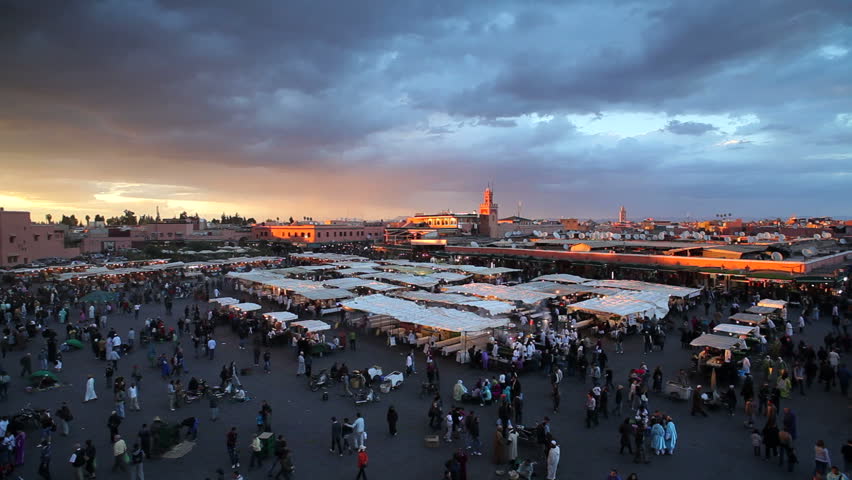 Elevated view over the Djemaa el-Fna, Marrakech, Marrakesh, Morocco, North Africa, at dusk