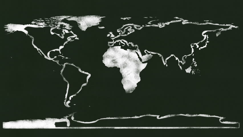 A world map being drawn on a black board