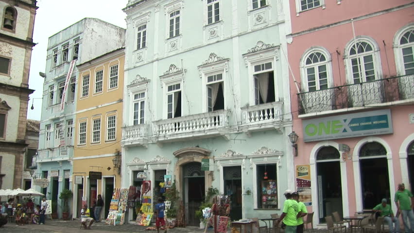 SALVADOR, BRAZIL - April 2008: Pan of people and buildings at historical centre of Salvador, Bahia, Brazil