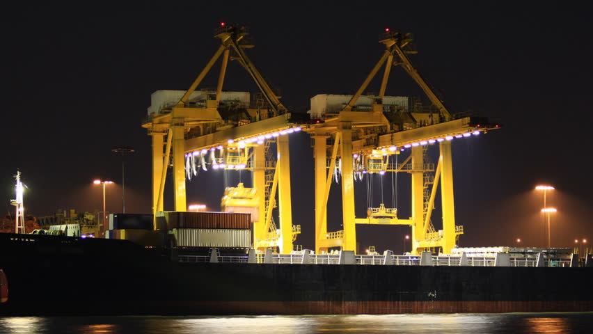 Small Business Export Cargo ship moving load at port Time lapse.