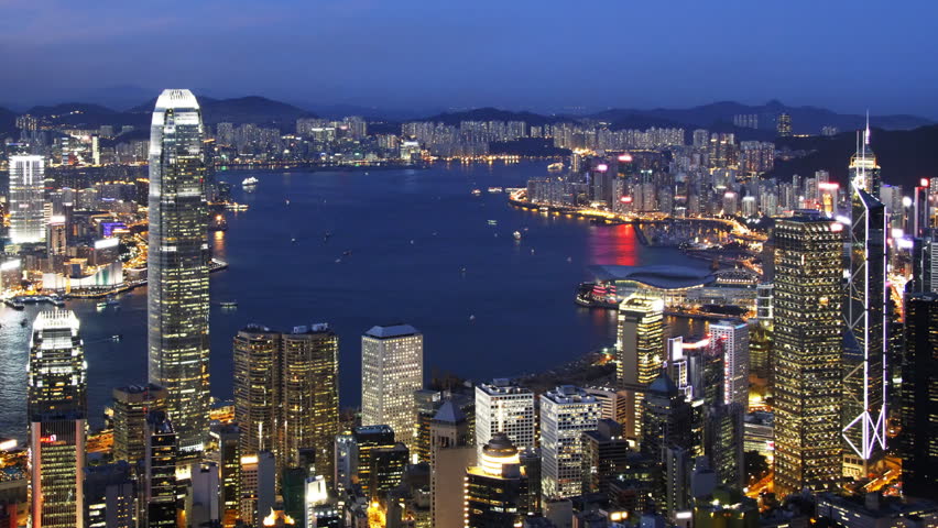 Blue Night in Hong Kong - Central District, Victoria Harbor, Hong Kong Island and Kowloon, Hong Kong.