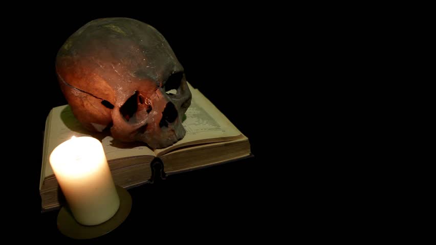 Human skull and book