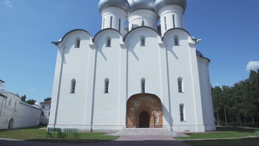 Saint Sofia cathedral exterior and cupolas on roof, upward motion