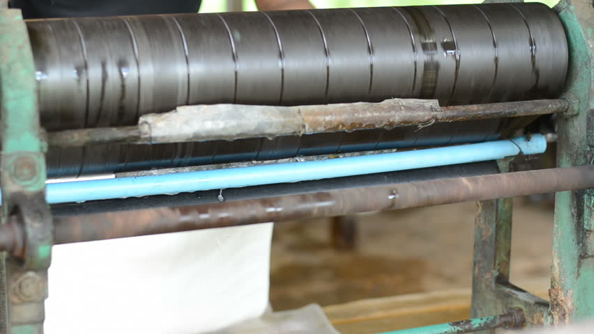 Producing of para rubber series: Worker is making smooth raw sheet with rotary machine