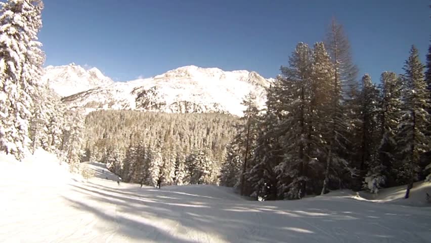 Many skiers go down on slope to mountain bottom in sunny weather