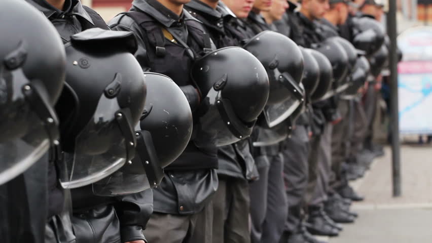 Riot Police with Helmets at an opposition demonstration, Russia
