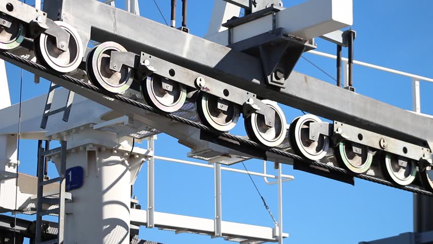 cable car gear wheels close up working with blue sky background 