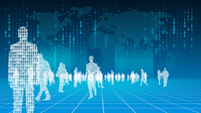 Silhouettes of binary people with map of earth in the background behind - HD720 progressive.