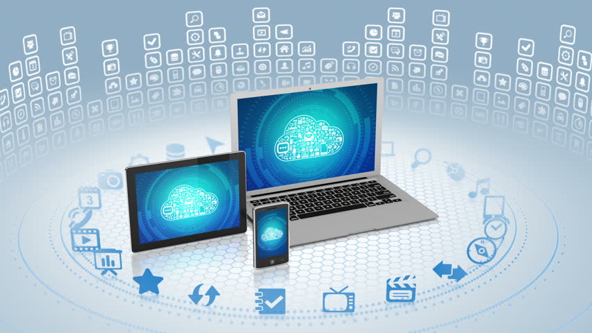 Camera zooms out of laptop screen with cloud computing concept on it