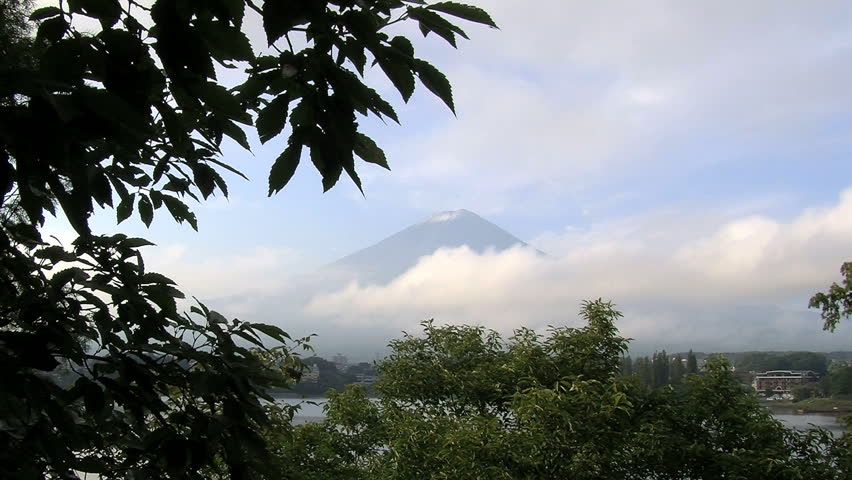Mount Fuji morning forward slide timelapse from above Lake Kawaguchi