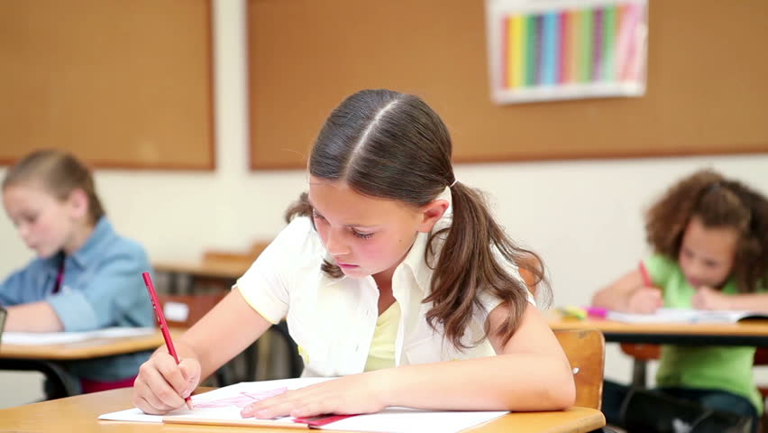 Smiling pupil working with her notebook in the classroom