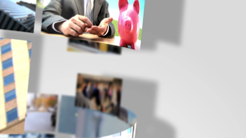 Montage multiple revolving 3D images of city financial business people and touchscreen graphics USA